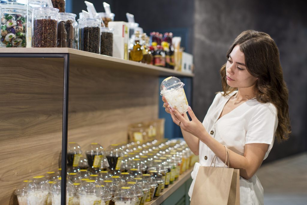 young woman shopping bio products